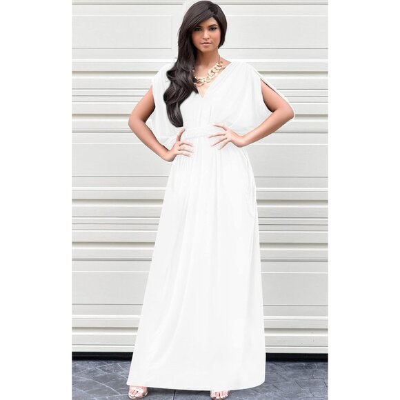 Women's Plus Size Maxi Dress Summer V-Neck Flowy Sleeveless Gown - Picture 3 of 5